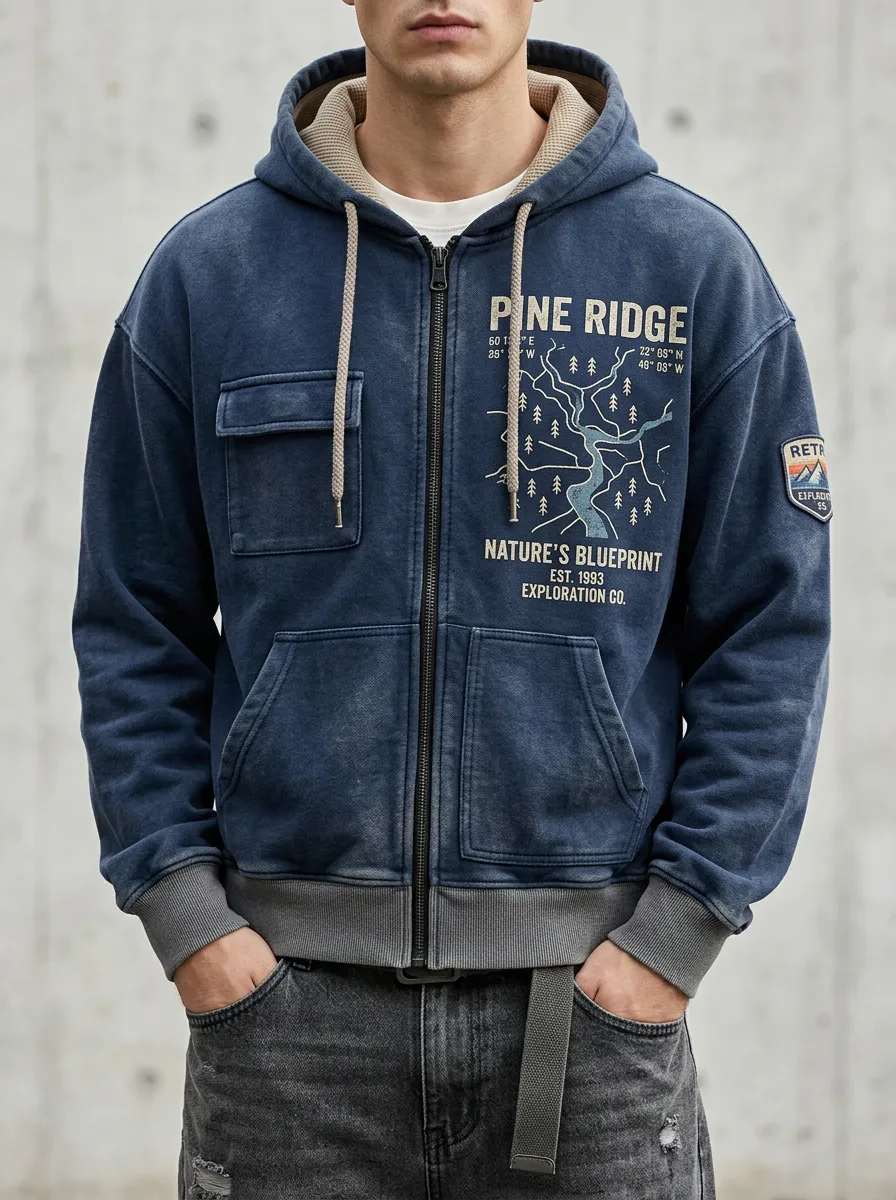 Men's Pine Ridge Nature Map Printed Zip Up Hoodie