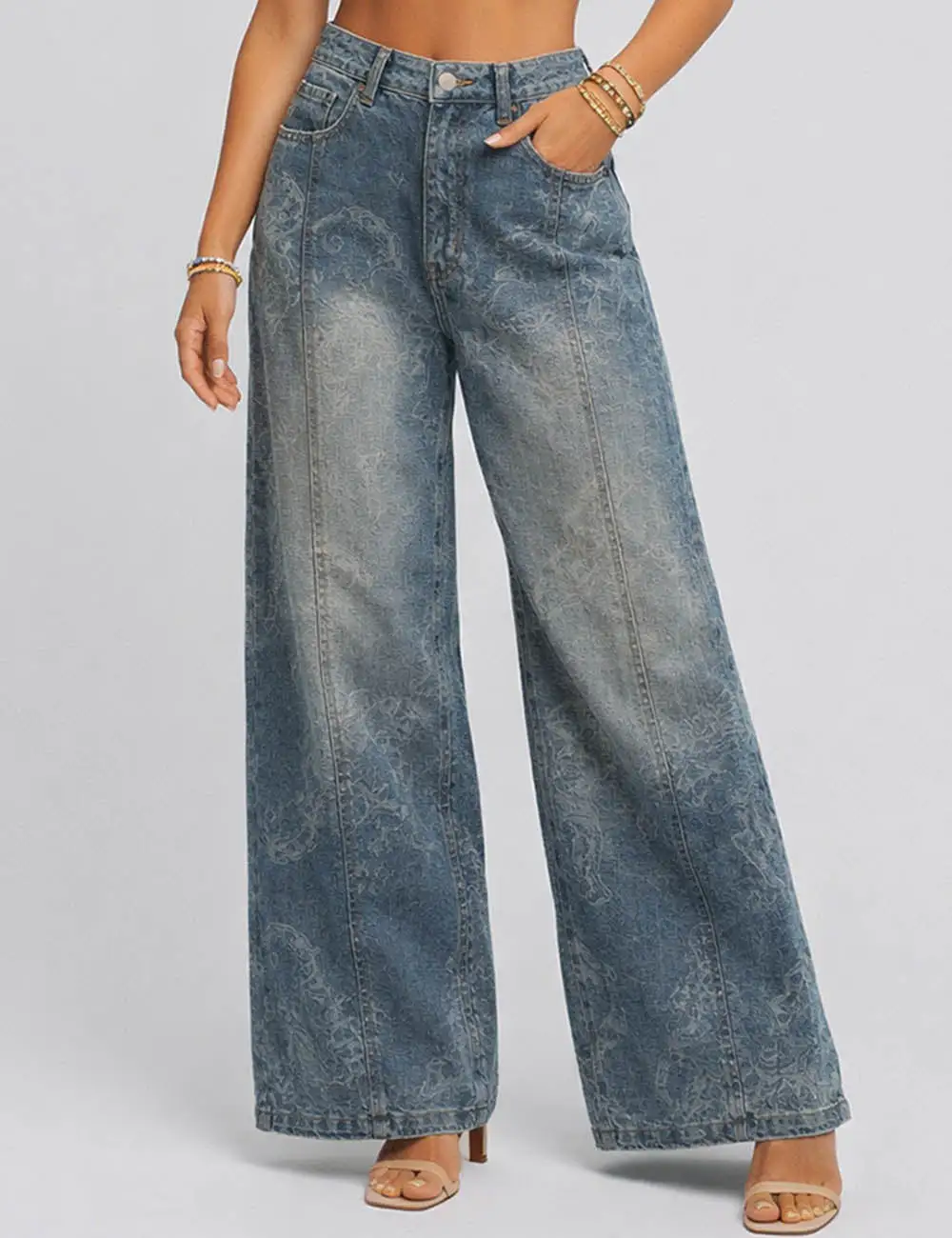 Jacquard Pocket Jeans Wide Leg Denim Pants