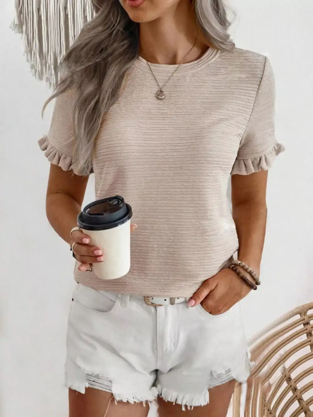 Textured Ruffle Sleeve Round Neck Blouse
