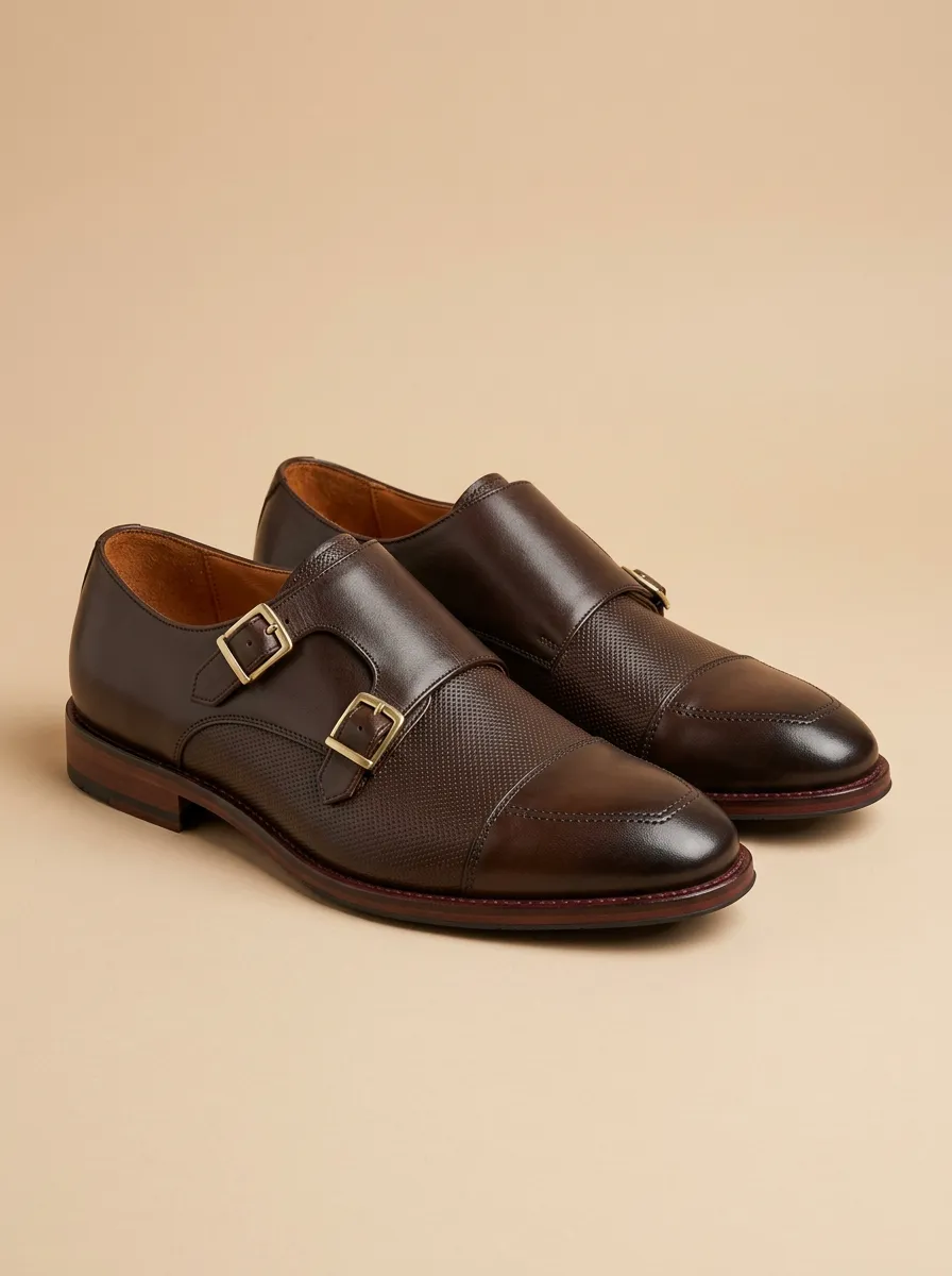 Men's Business Formal Perforated Double Monk Strap Leather Shoes