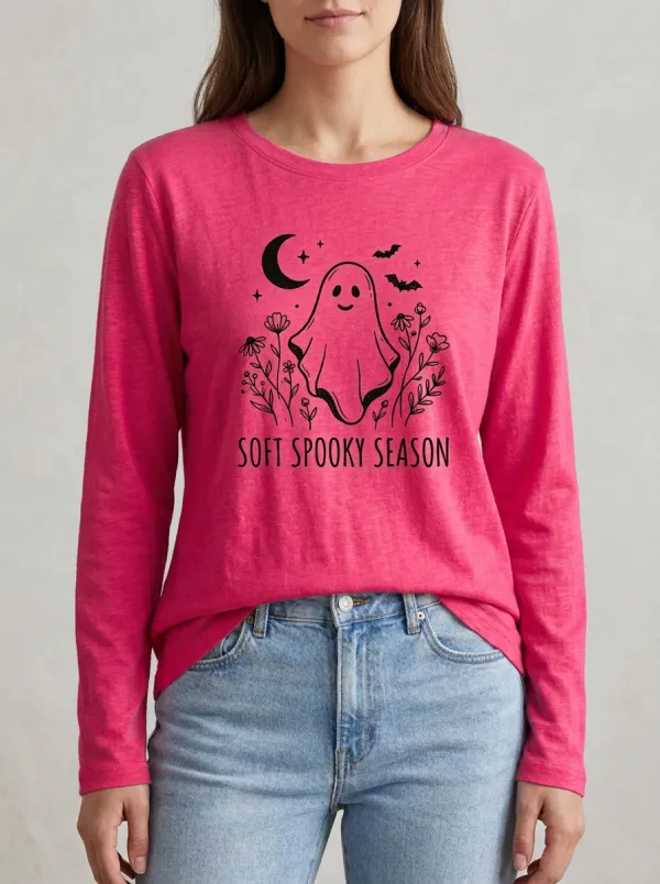 Ghost Floral Spooky-Season Halloween Cotton Linen Long Sleeve Top