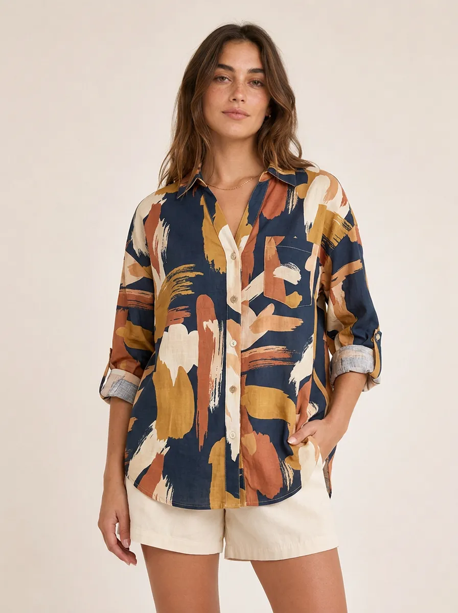 Women's Abstract Art Brushstroke Patch-pocket Button-down Shirt