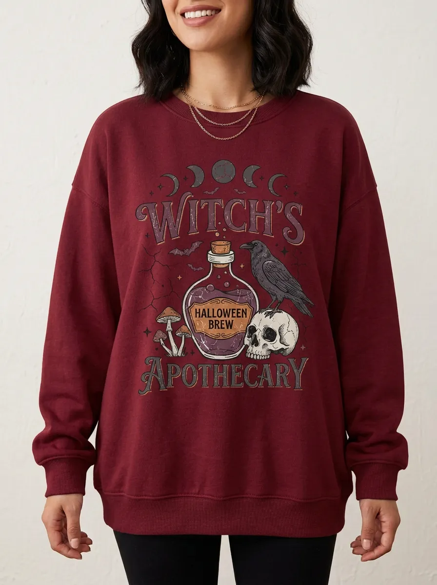Women's Halloween Witch Apothecary Raven Skull Printed Sweatshirt