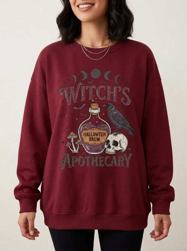 Women's Halloween Witch Apothecary Raven Skull Printed Sweatshirt