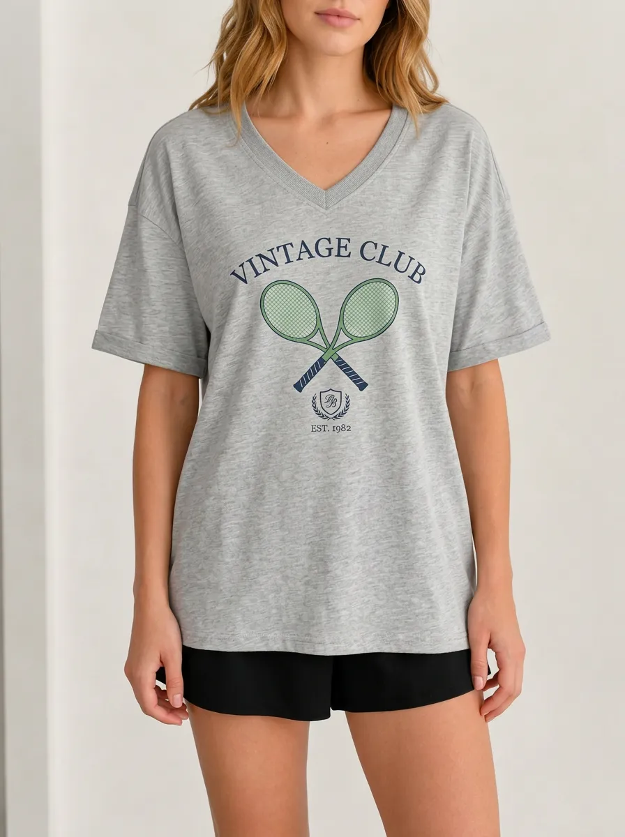 Women's Tennis Lover Vintage Club Racket Printed V-Neck T-Shirt