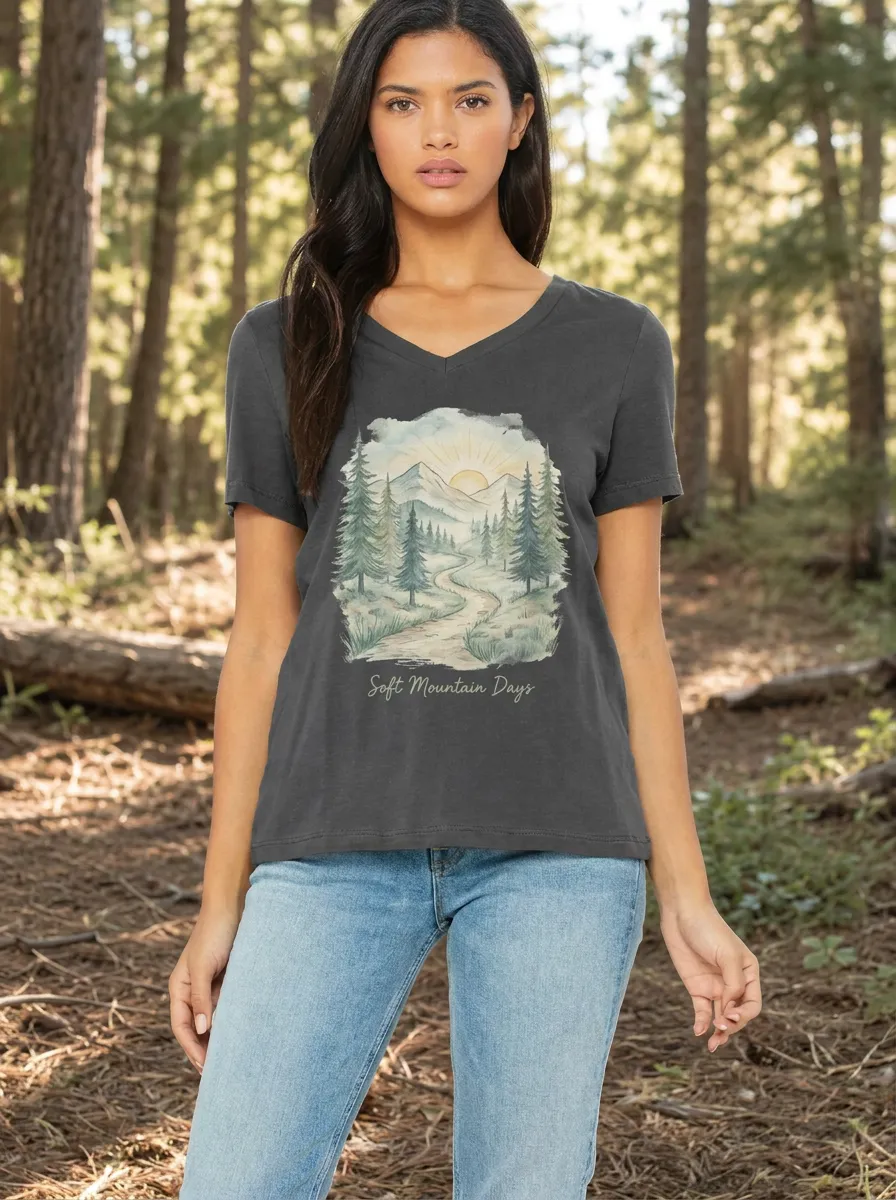 Women's Nature Lover Mountain Forest Landscape Printed V-neck T-shirt