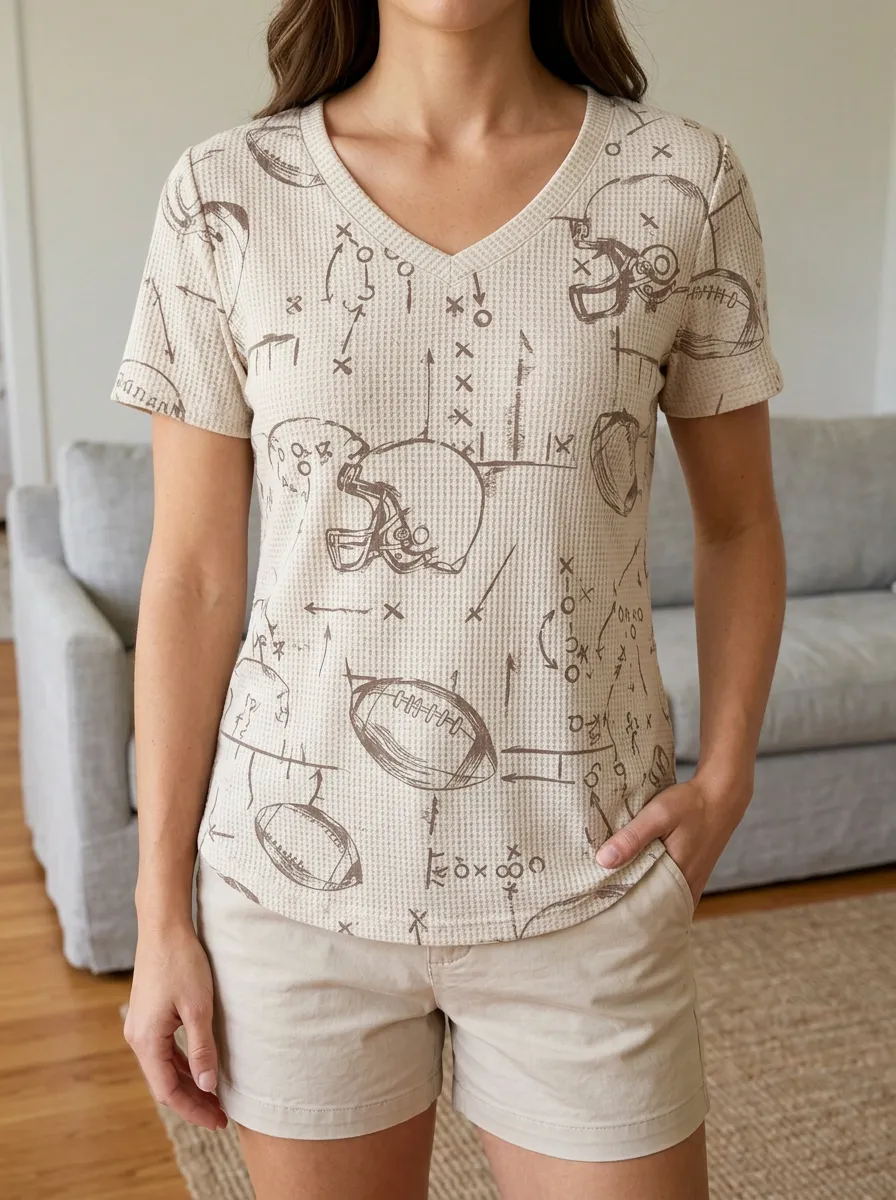 Women's Field Football Fan Helmet Playbook Printed Waffle Knit Top