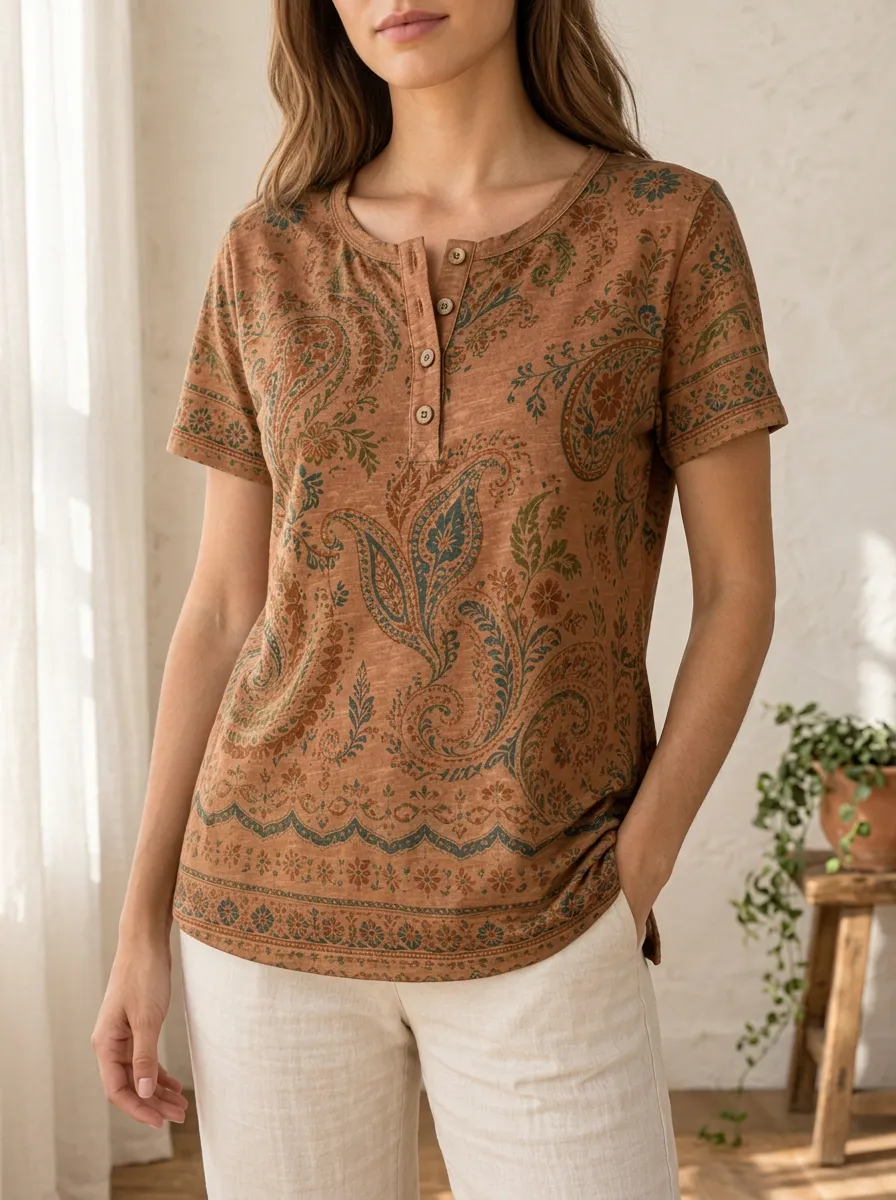Women's Contemporary Boho Paisley Floral Henley T-Shirt