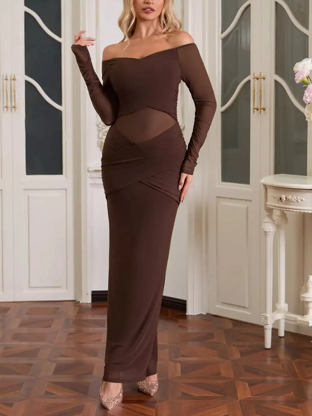 Off Shoulder Ruched Mesh Long Sleeve Maxi Dress