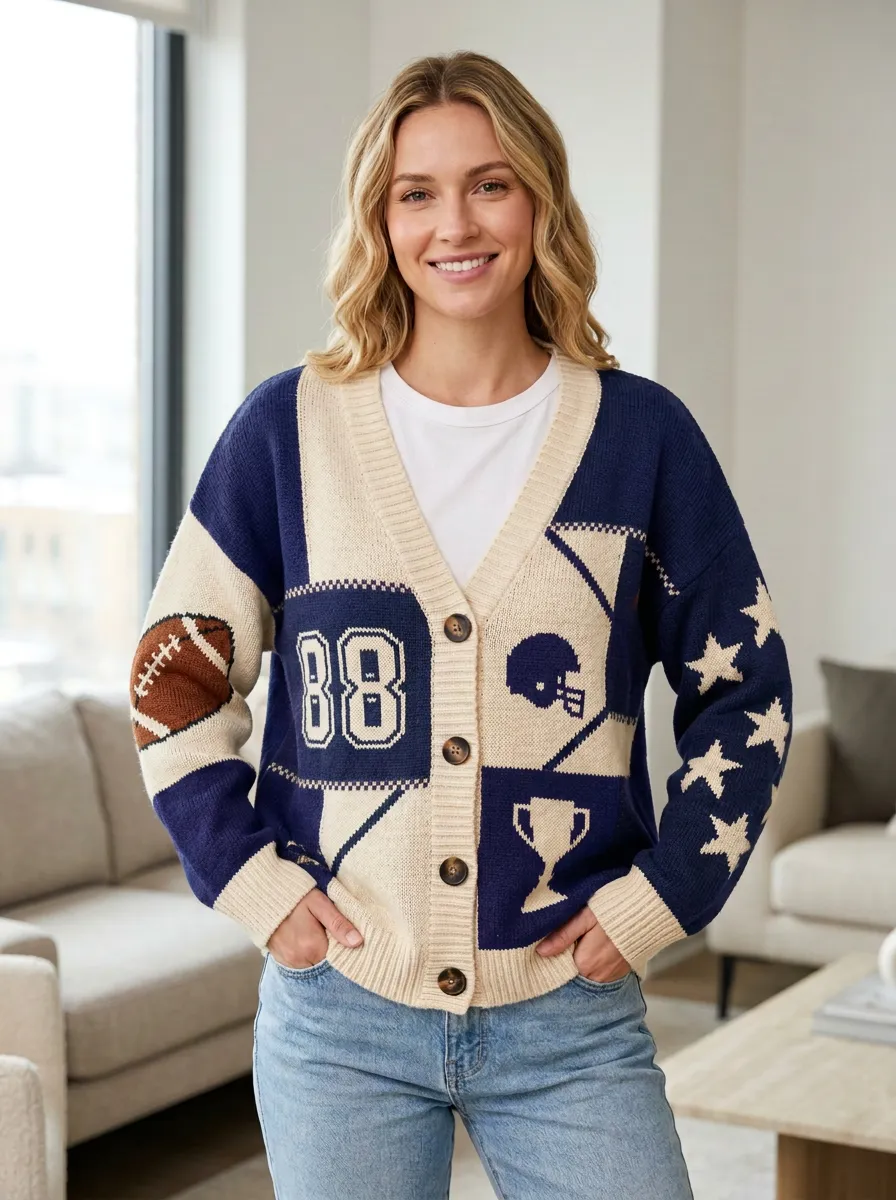 Women's Touchdown Inspired Helmet Football Trophy Knitted Cardigan