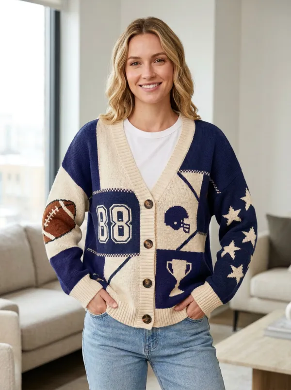 Women's Touchdown Inspired Helmet Football Trophy Knitted Cardigan