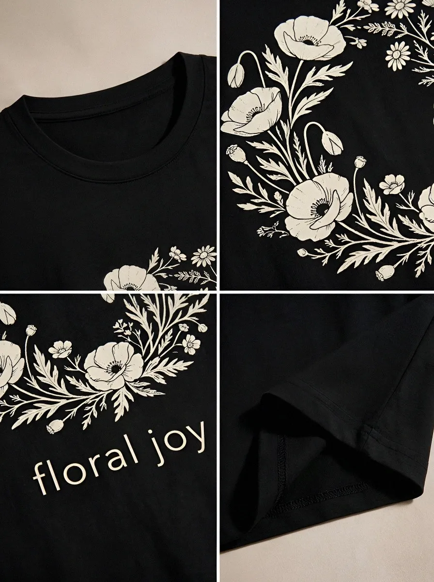 Women's Nature Lover Poppy Flower Wreath Printed T-shirt