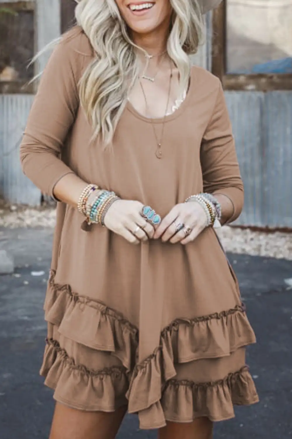 Laidback Ruffle Trim Tiered Tie Detail Mini Dress