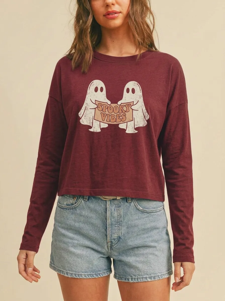 Women's Halloween Spooky Vibes Ghost Printed Long Sleeve Top