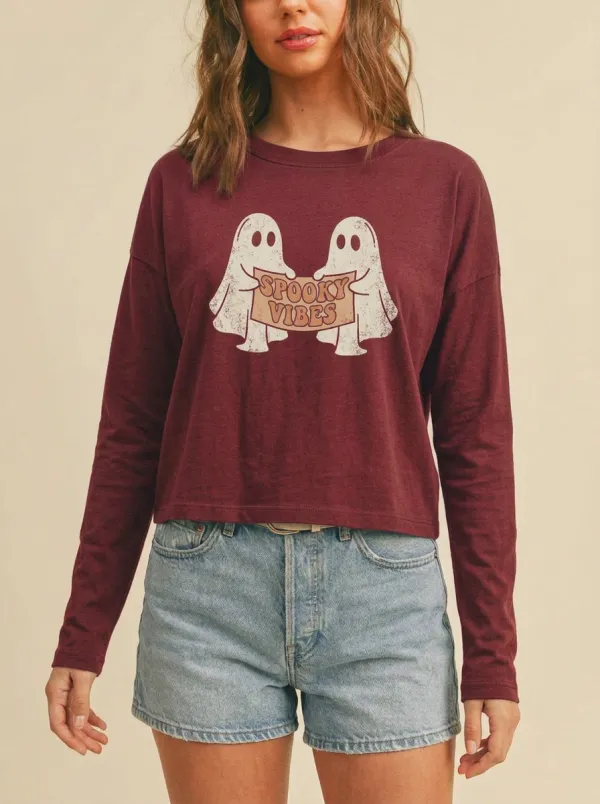 Women's Halloween Spooky Vibes Ghost Printed Long Sleeve Top
