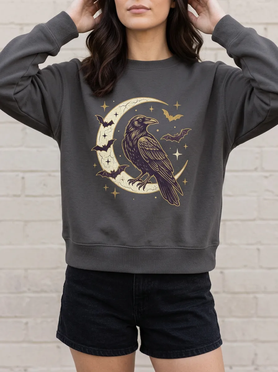 Women's Halloween Gothic Raven Moon Bats Printed Sweatshirt
