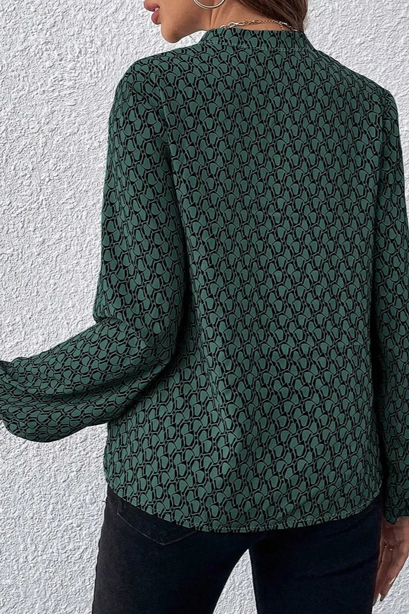 Geometric Print Notched Neck Puff Sleeve Blouse
