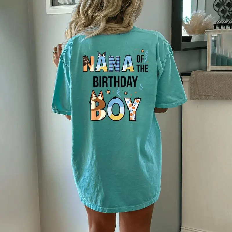 Nana Of The Birthday Boy Party Blue Dog Lover Matching Women's Oversized Comfort T-Shirt Back Print