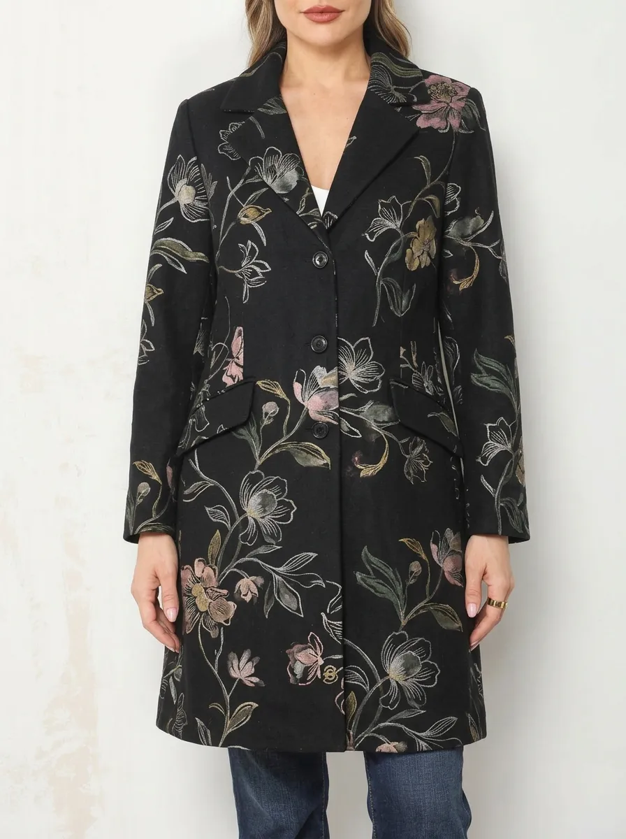 Women's Floral Botanical Black Printed Blazer Coat