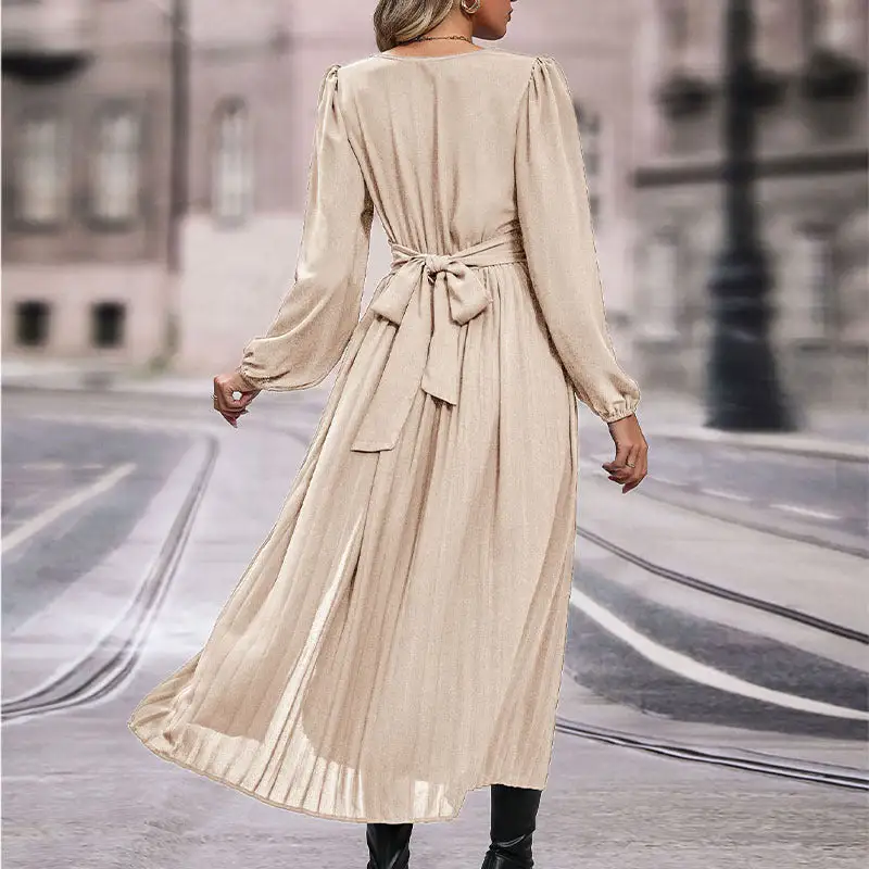 Women's V-Neck Long-Sleeve Lace Asymmetric Maxi Dress