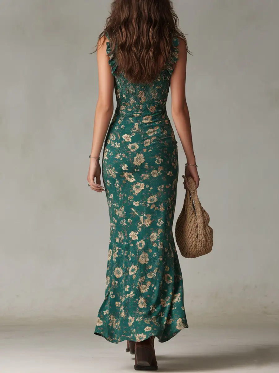 Boho Retro Ruffled Sleeves High Slit Maxi Dress