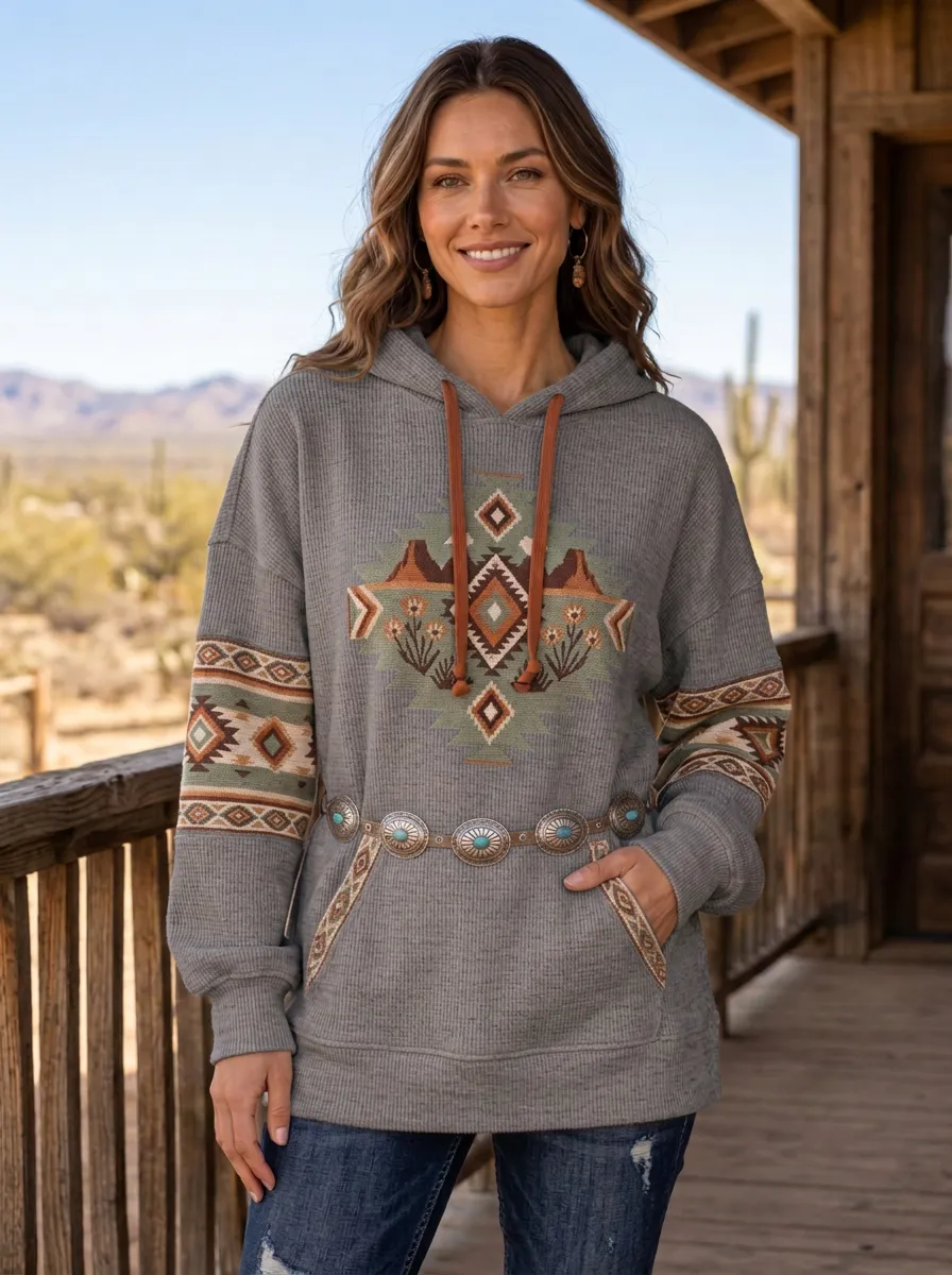 Women's Western Desert Cactus Geometric Printed Hoodie