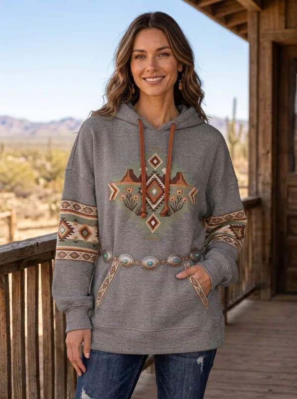 Women's Western Desert Cactus Geometric Printed Hoodie