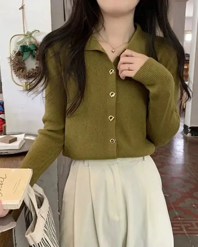 Polyester-Blend Button-Front Polo-Collar Relaxed-Fit Cardigan