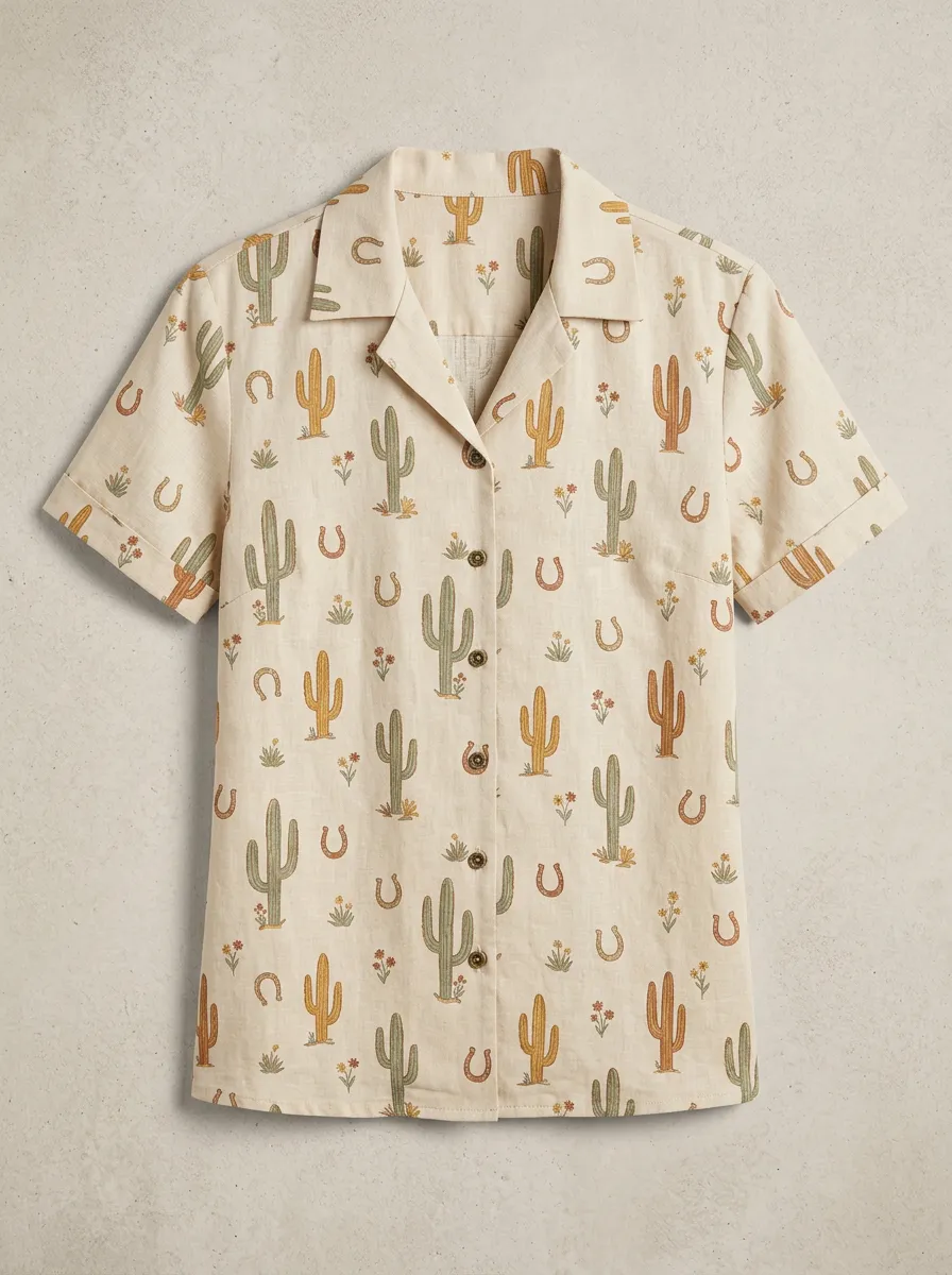 Women's Western Cowboy Cactus Horseshoe Printed Short Sleeve Shirt