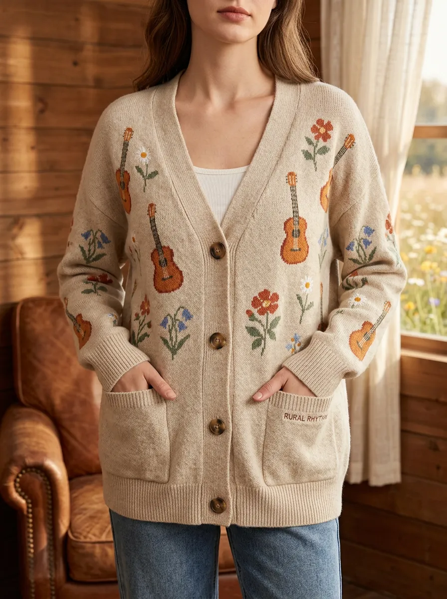 Backroad Guitar Floral Women's Country Music Casual Cardigan