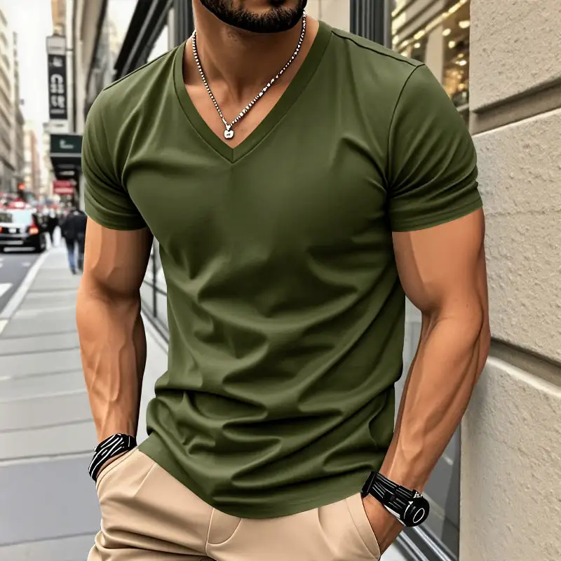 Men's Classic V-Neck T-Shirt Fine Cotton Jersey With Reinforced Neckband And Double Stitching