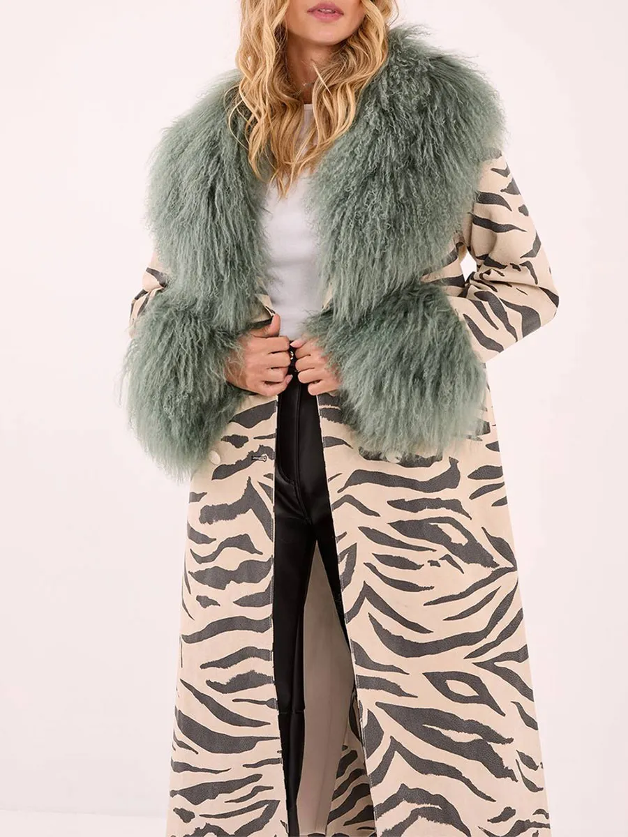 Women's Zebra-Print Green Faux Fur Collar Waist-Tie Long Coat