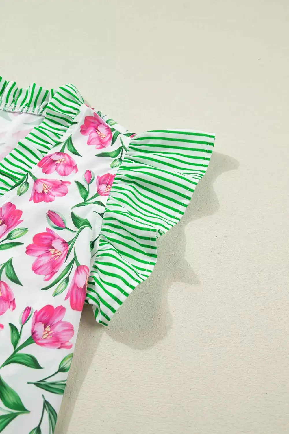 Floral Print Striped Ruffle Trim V Neck