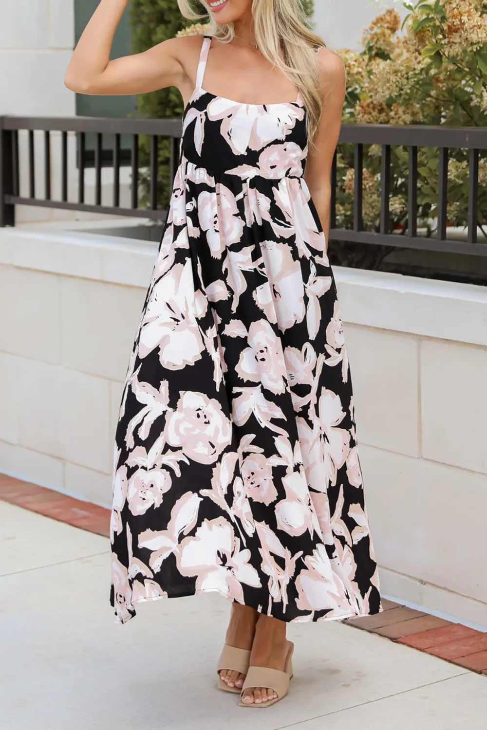 Black Strapless Floral Midi Dress