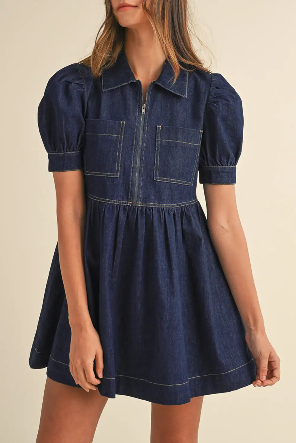 Versatile Denim Look Zip Front Collared Mini Dress