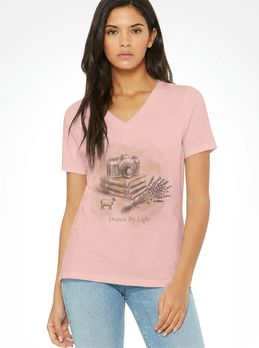 Women's Photography Book Lover Lavender Sheep Printed V-neck T-shirt