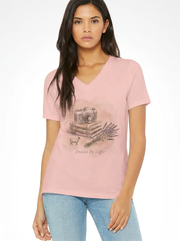 Women's Photography Book Lover Lavender Sheep Printed V-neck T-shirt