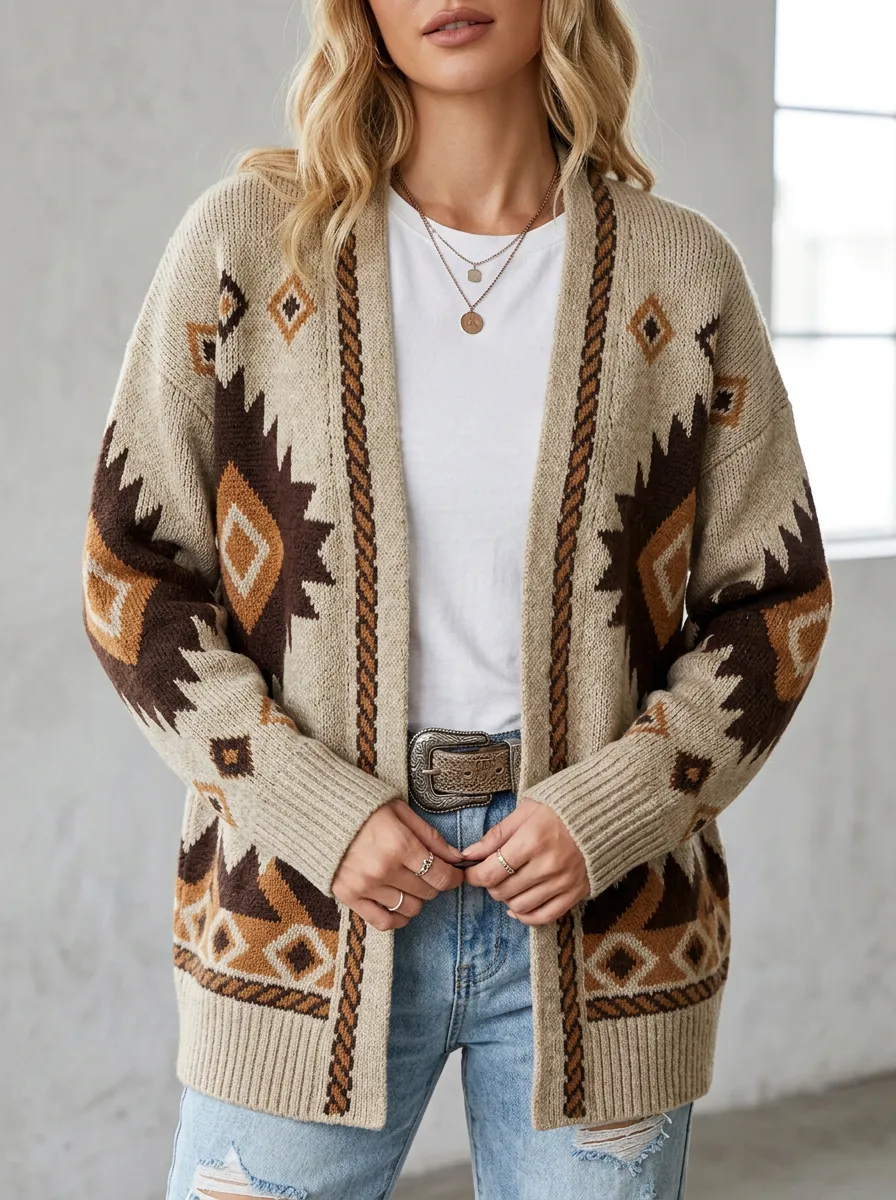 Women's Western Jacquard Knit Ribbed Geometric Drop-Shoulder Cardigan