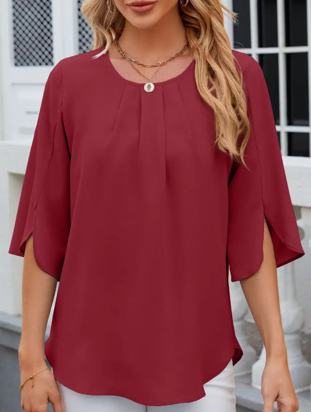 Chiffon Crew Neck Half Sleeve Blouse