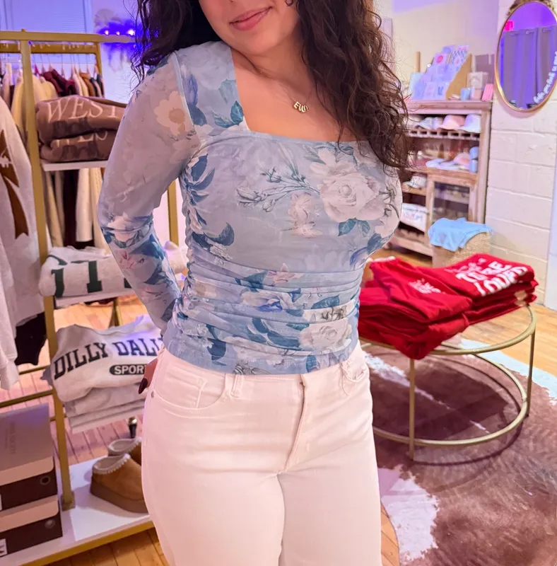 Blue Floral Mesh Relaxed Top