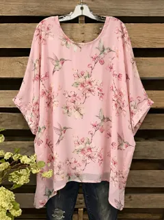 Nature-Inspired Hummingbird Cherry Blossom Women's Loose Printed T-Shirt