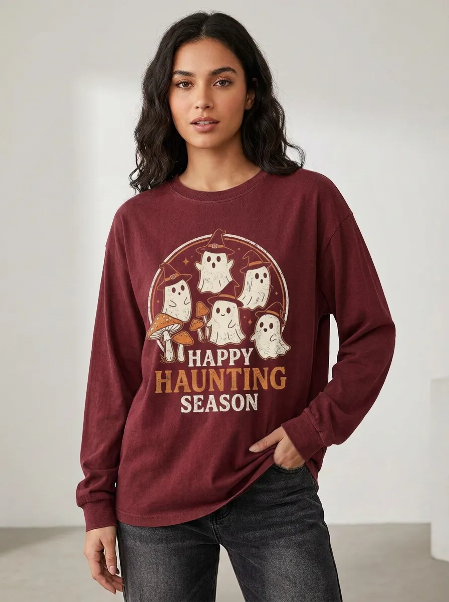 Women's Halloween Ghost Mushroom Happy Haunting Season Printed Long Sleeve Shirt