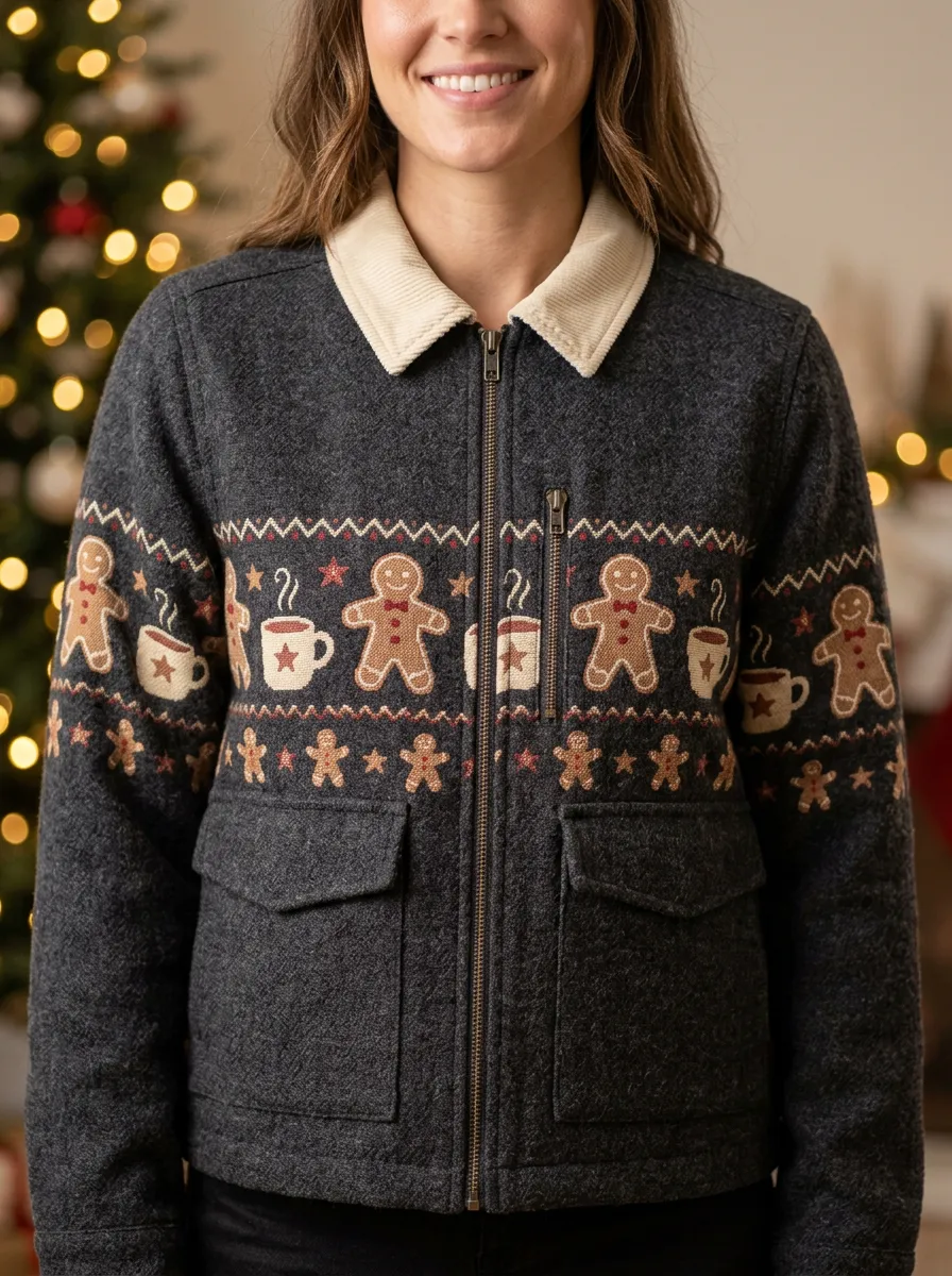Christmas Gingerbread Man Coffee Print Zip Jacket