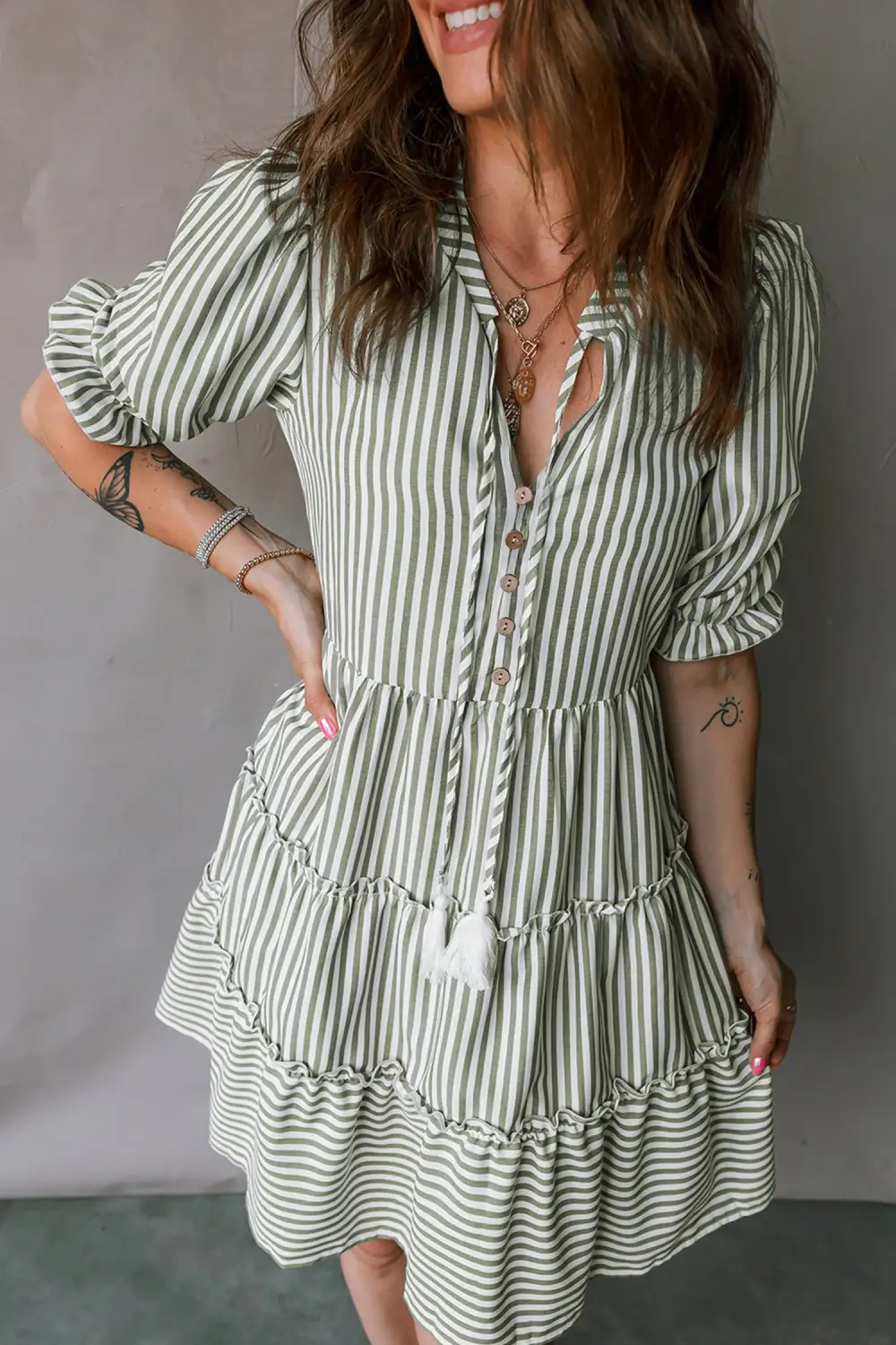 Stripe Tasseled Tie Neck Ruffled Short Sleeve Tiered Flattering Dress
