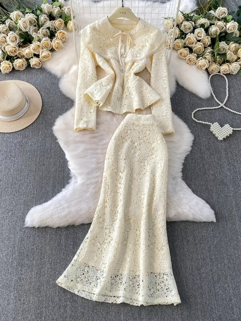 Graceful Lace Button Up Top And Skirt Set