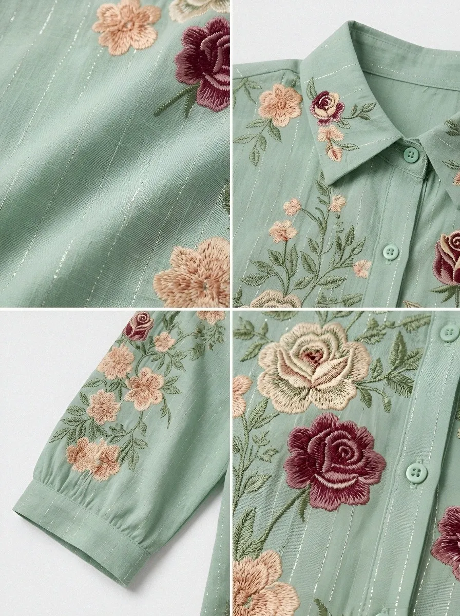 Women's Breast Cancer Awareness Rose Floral Embroidered Printed Shirt