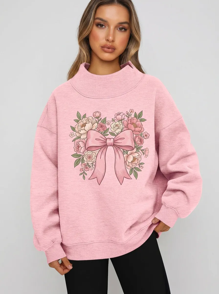 Women's Breast Cancer Awareness Floral Bow Printed Sweatshirt