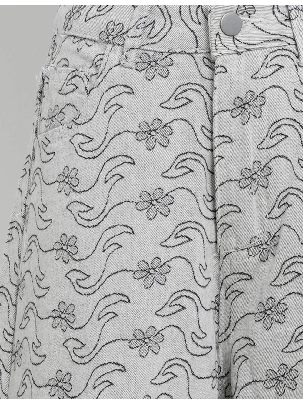 Abstract Jacquard Button Waist Wide Leg Denim Pants