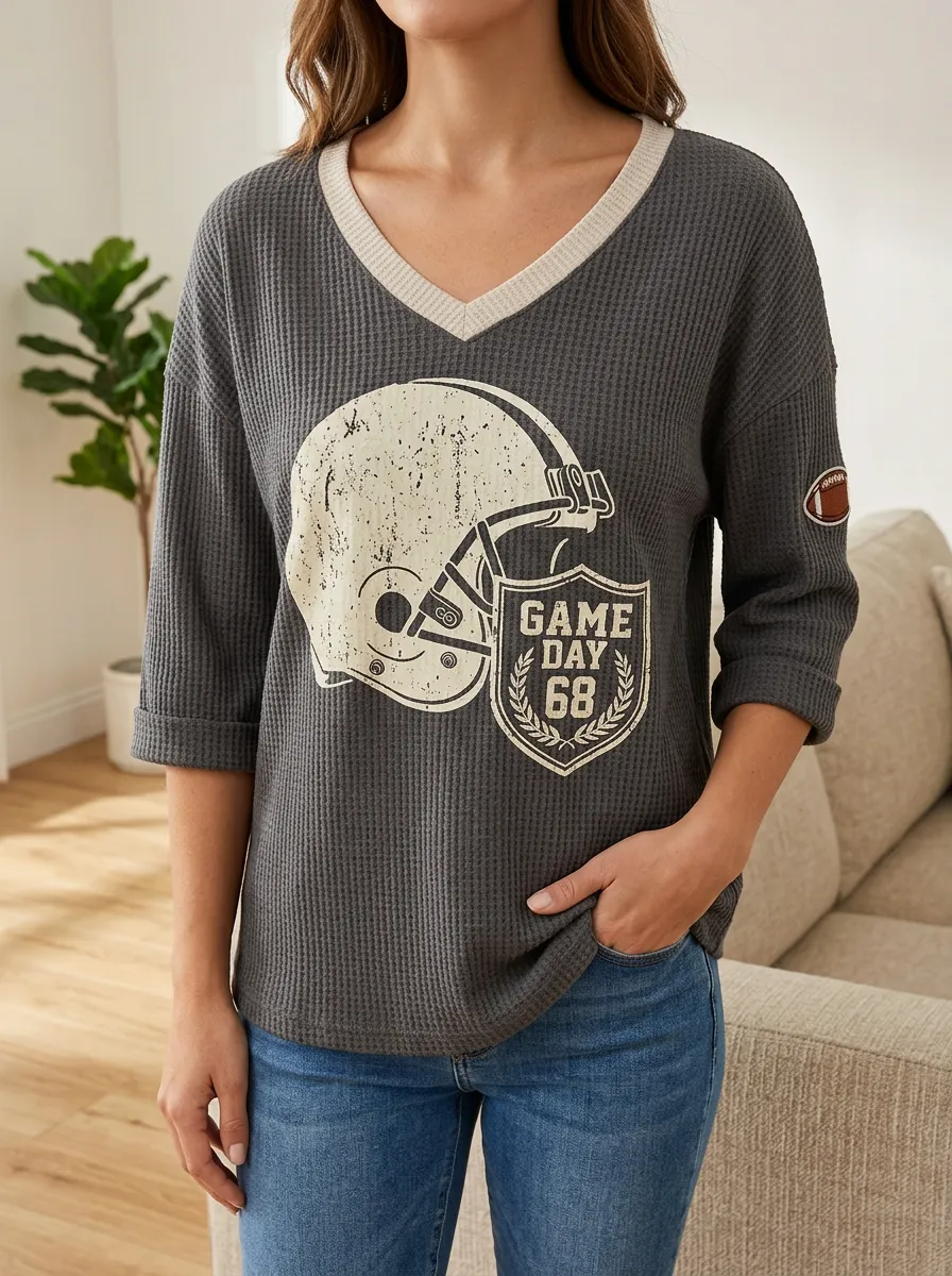 Women's Football Lover Game Day 68 Helmet Printed Waffle Top