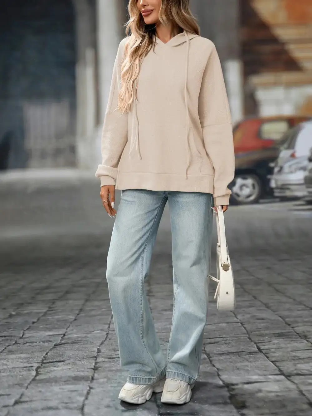 Refined Drawstring Pocketed Long-Sleeve Textured Hoodie
